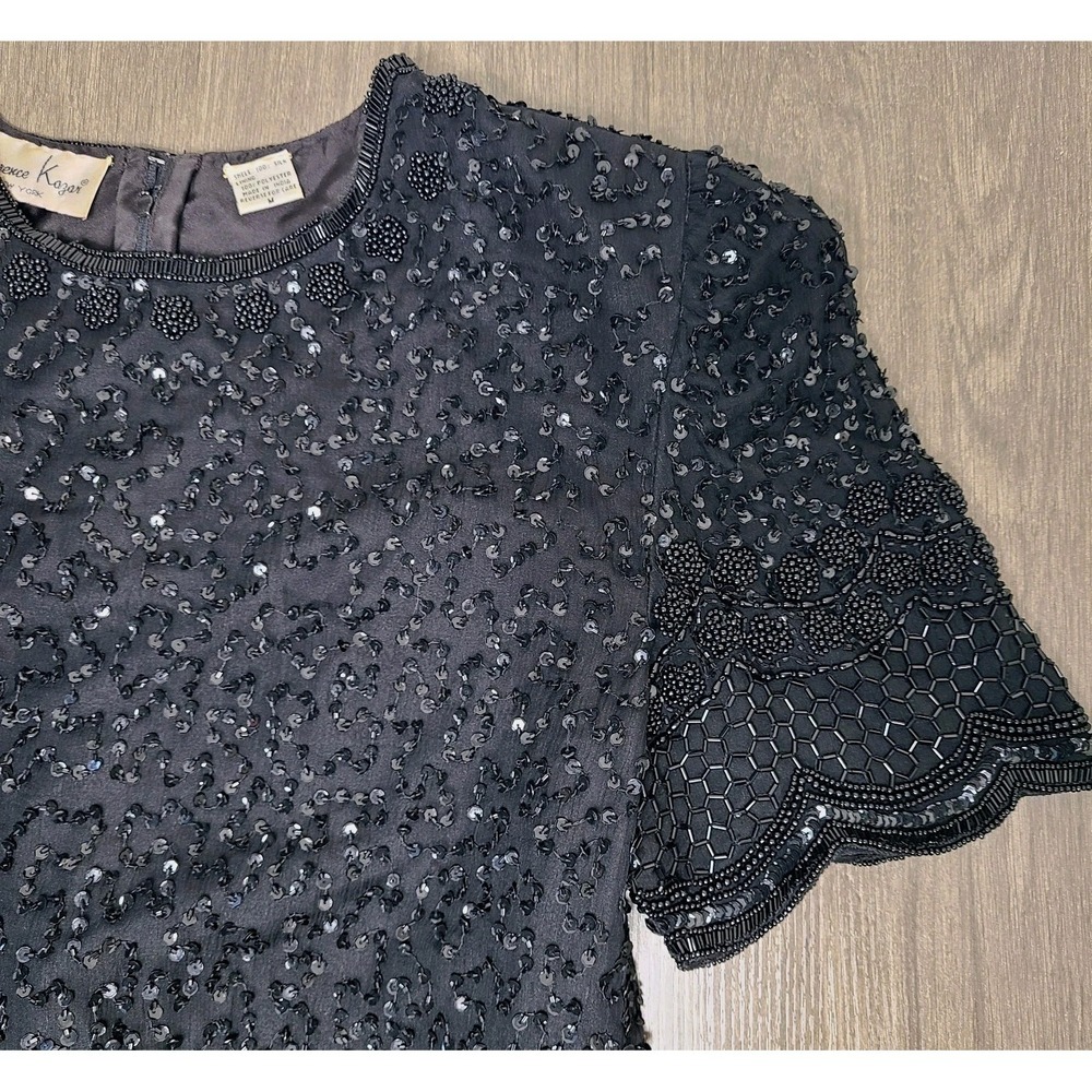 Vtg Laurence Kazar Black Silk Beaded Sequin Cocktail Dress Med Art Deco Layered